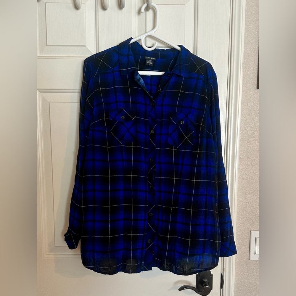 Vibrant blue plaid button up. Torrid size 2.